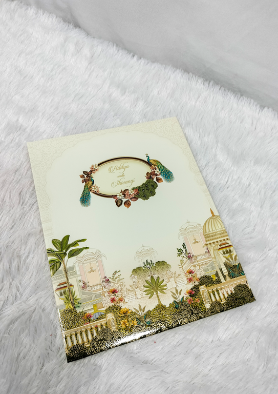 Cream Traditional Arch Frame Wedding Invitation Card with Floral Garden Illustration ("AC-560")